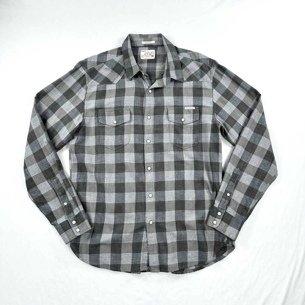 Lucky Brand Pearl Snap Western Shirt Mens Medium Gray Plaid Classic Fit Cotton